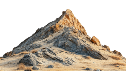 rugged mountain peak rises dramatically against clear sky, showcasing its rocky texture and earthy tones. surrounding terrain is dry and barren, emphasizing natural beauty of this striking geological