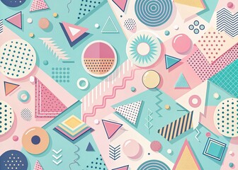 Abstract Memphis Style Background Design with Soft Light Colors and Geometric Vectors in Bright Pastel Shades for Vintage 90s Inspired Decor