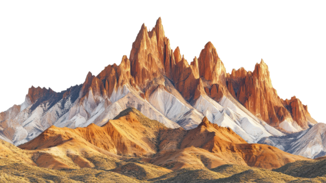 Majestic mountain range with sharp peaks and rocky formations, showcasing vibrant orange and white hues under clear sky. landscape evokes sense of awe and adventure - Powered by Adobe
