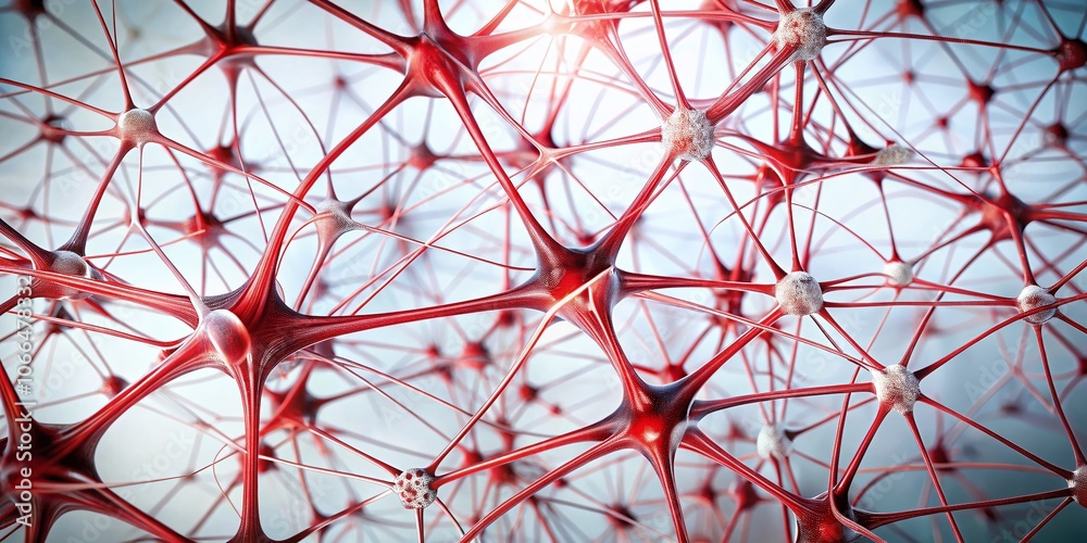 Poster abstract neural connections with red and white branching structures on a white background for techno