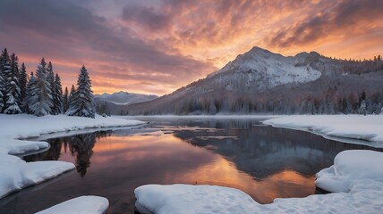 Snowy Mountain Landscape Reflecting in a Calm Frozen Lake at Sunset
