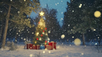 Decorated Christmas tree with gifts in a snowy forest at night