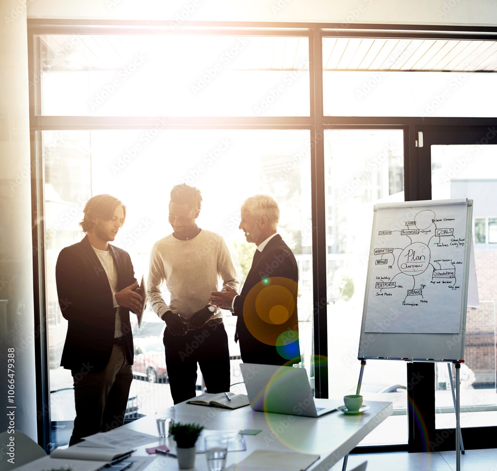 Poster presentation, meeting and group in boardroom, discussion and brainstorming for project, sales and le