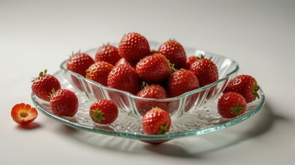 A transparent glass plate overflowing with dried strawberry, placed on a white background