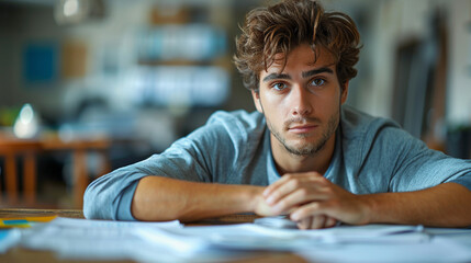 Fototapeta premium Struggling adult confronts overwhelming financial documents amidst despair and uncertainty