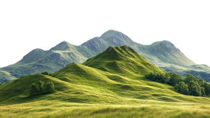 Lush green hills rise majestically under clear sky, showcasing beauty of nature. rolling landscape is dotted with trees, creating serene and tranquil environment