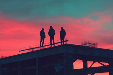 Silhouettes of Three People Standing on Rooftop Against a Vibrant Pink and Blue Sunset