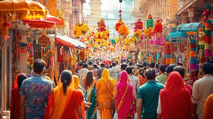 Fototapeta premium Crowded Street Market in India with Colorful Garlands and People