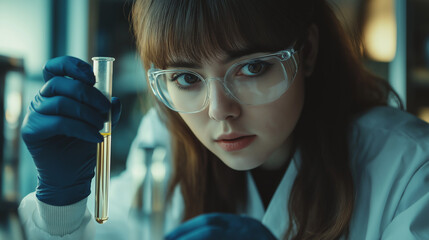A female medical or scientific researcher or woman doctor looking at a test tube of clear solution in a laboratory