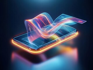 A mobile phone holding a credit card is being scanned to pay for products.