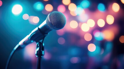 Obraz premium A Microphone on a Stand with a Colorful Bokeh Background