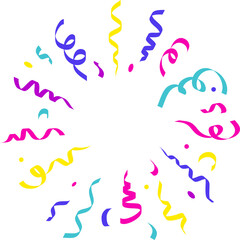 Confetti explosion. Radial elements for birthday party and carnival celebration. Falling colored serpentine and burst of firework for surprise and gift decoration