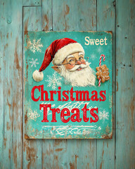 Christmas vintage style metal sign with Santa's gingerbread cookies and sweet candy canes on a teal painted wooden background, with text: Sweet Christmas Treats