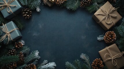 Frame of gifts, fir branches and pinecones on dark background. Christmas and New Year celebration. Holiday decorations. Vintage and rustic ambiance. Top view, flat lay with copy space