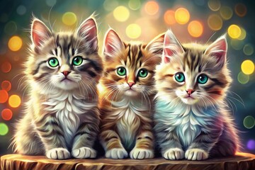 Adorable Hand-Drawn Kittens with Bokeh Effect – Cute Fluffy Cat Illustration for Pet Lovers and Art Enthusiasts