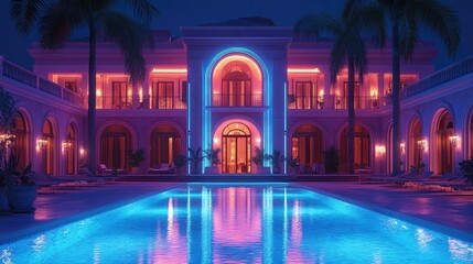 A large, luxurious mansion with a swimming pool and palm trees, lit by vibrant neon lights at night.