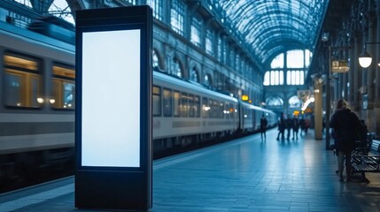 Mockup. Lightbox vertical billboard with blank digital screen on a train station. white blank poster advertisement Public information boards stand at &agrave;&cedil;&ordm;big stations in front of people and trains in. 