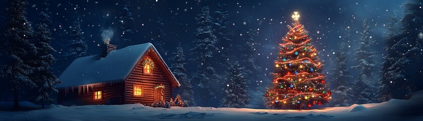 A Cozy Cabin and Christmas Tree in a Snowy Forest at Night