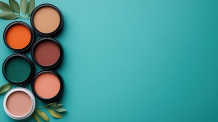 Colorful paint cans with leaves on turquoise background for creative design inspiration