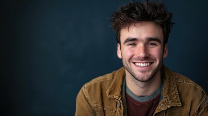 Obraz premium A happy male studio portrait with a bright smile, showcasing warmth and approachability
