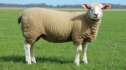 Cute Sheep Standing on Green Grass in Sunny Field