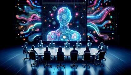 13 Personen sitzen an einem Konferenztisch. Eine riesige, auf den Bildschirm projektierte k&uuml;nstliche Intelligenz als Chat-Bot. Regierungsform in naher Zukunft.