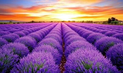 Obraz premium Lavender Field Sunset - A Stunning View of Nature's Beauty