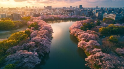 Fototapeta premium a landscape filled with lush sakura trees, their branches heavy with delicate pink blossoms. Consider the play of light as sunlight filters through the petals.