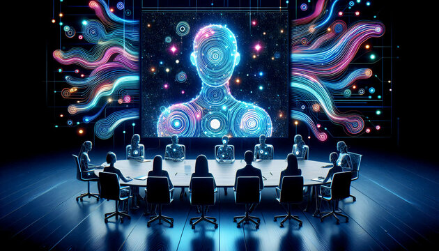 13 Personen sitzen an einem Konferenztisch. Eine riesige, auf den Bildschirm projektierte k&uuml;nstliche Intelligenz als Chat-Bot. Regierungsform in naher Zukunft.