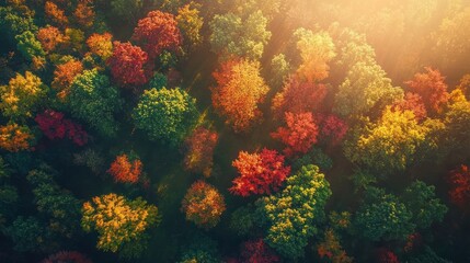 Aerial View of Autumn Forest with Sunbeams Filtering Through Canopy