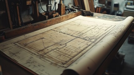 a large, rolled-out blueprint on a drafting table, displaying various plans, measurements, and annotations for a building or mechanical device.