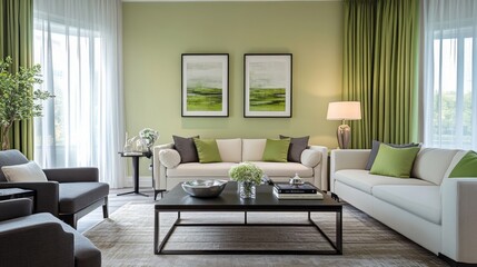 Fototapeta premium Modern living room with white couch, green curtains, and artwork