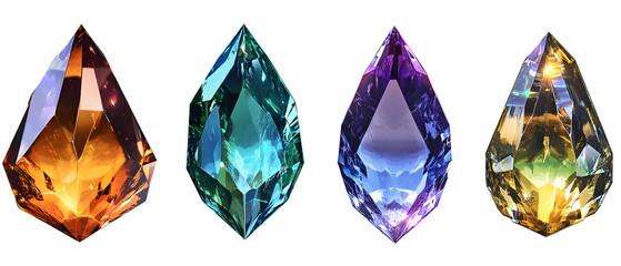 Fototapeta premium A set of multi-colored, faceted crystals in the form of a drop. Crystal design element for decor. Green, blue and orange crystals. Isolated on transparent background.&nbsp;