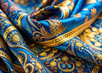 Aerial View of Elegant Gold and Blue Patterned Scarf – Close-Up Photography for Fashion and Textile Design Inspiration