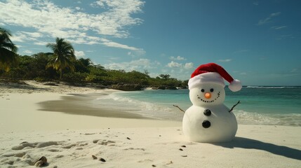 Sandy snowman with red Santa Hat on white Caribbean beach