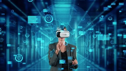 Woman searching coding programing update finance data world shape by VR future global interface digital infographic network technology virtual hologram animation sliding at server room. Contraption. - Powered by Adobe