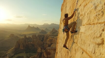 Rock climber ascending a steep cliff face at sunset with a panoramic view of the mountain range behind him.