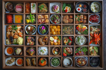 Variety of Japanese cuisine arranged in wooden box  