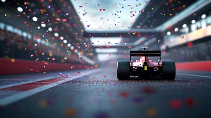 Red Formula One Race Car Crossing Finish Line with Confetti