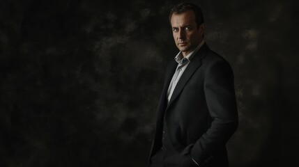 Obraz premium A moody studio portrait of a man in a dark suit, creating a sense of sophistication and intensity