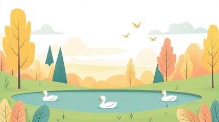 Naklejka premium A serene landscape featuring a tranquil pond with ducks, surrounded by colorful trees and a bright sky