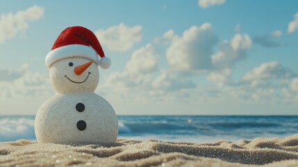 Snowman made of sand with Santa hat on beach near sea, space for text. Christmas vacation