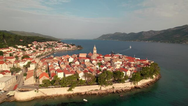 Famous Hvar Old Town In Croatia At Sunset - Aerial Drone Shot