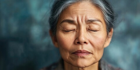 A close up shows an older Asian woman with her eyes shut, exhaling deeply. She is experiencing symptoms associated with vertigo and dizziness.
