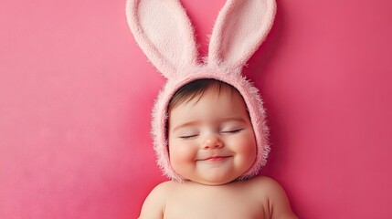 Smiling baby in a delightful bunny ears costume rests with closed eyes against a pink background. This portrait captures a joyful toddler enjoying Easter in a playful bunny look.