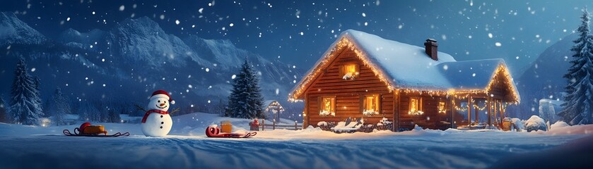 A Cozy Cabin Adorned with Christmas Lights in a Snowy Mountain Landscape