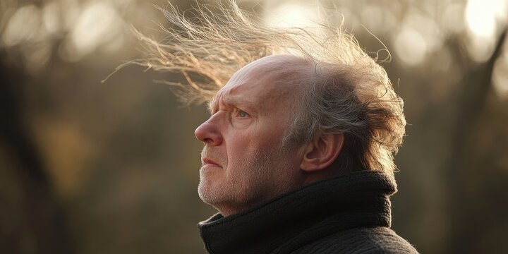 A middle aged man, hair thinning and tousled by the wind, presents a disheveled appearance that highlights his balding hair.
