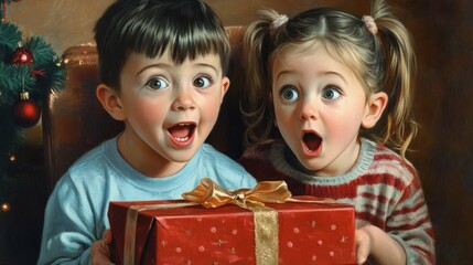Surprised little brother and sister opening present at home on Christmas eve