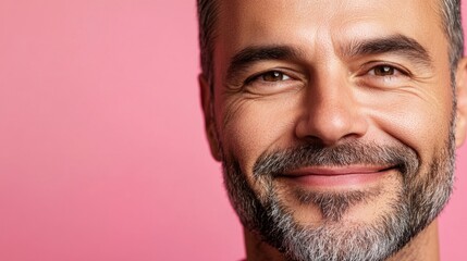 Fototapeta premium Close-up of a handsome middle-aged man smiling at the camera against a pink background. This image captures the essence of good feelings, skincare, and beauty concepts, providing ample copy space.