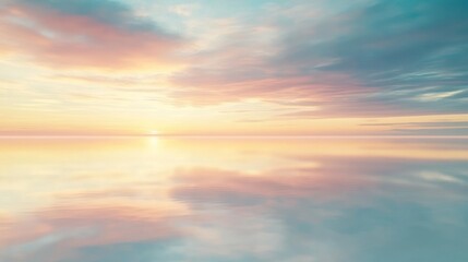 A serene and tranquil sunset sky reflected in a calm sea with soft pastel colors.